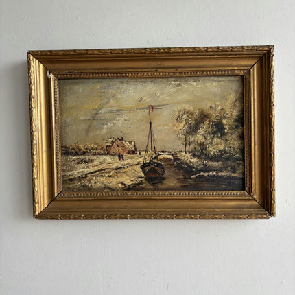 Vintage Harbor Scene Oil Painting "Gold Frame" Rustic Small Art Holland Art Shop