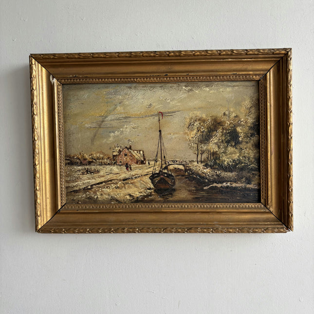 Vintage Harbor Scene Oil Painting "Gold Frame" Rustic Small Art Holland Art Shop