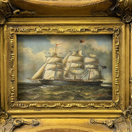 Vintage Seascape Oil Painting "Gilded Frame" Rustic Small Artwork Holland Art Shop