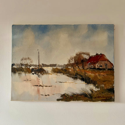 Refined Oil Painting Landscape "Red Roof House" Wonderful Small Art Holland Art Shop