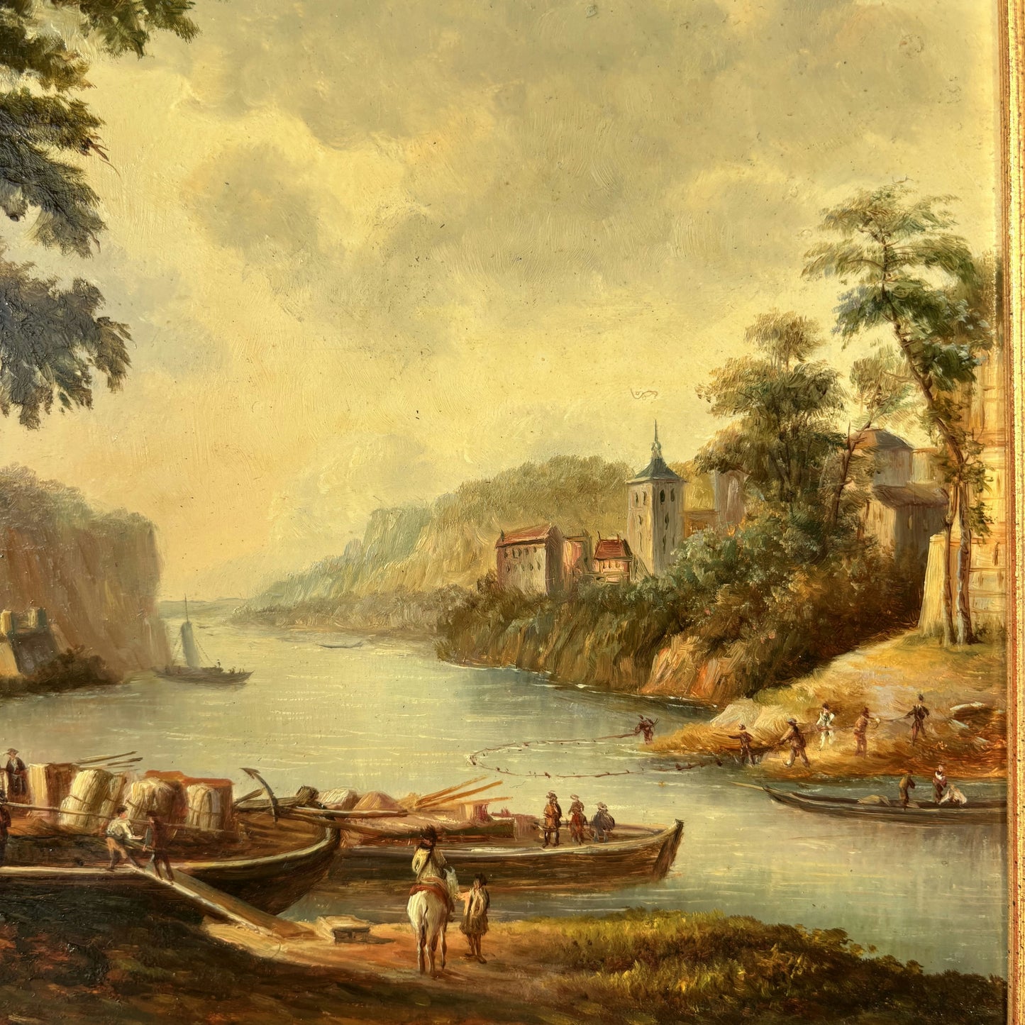 Marvelous Oil Painting Harbor Scene "Riverbank Scene" Expressive French Artwork