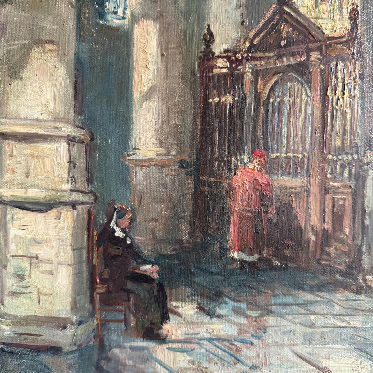 Vintage Church Interior Oil Painting 