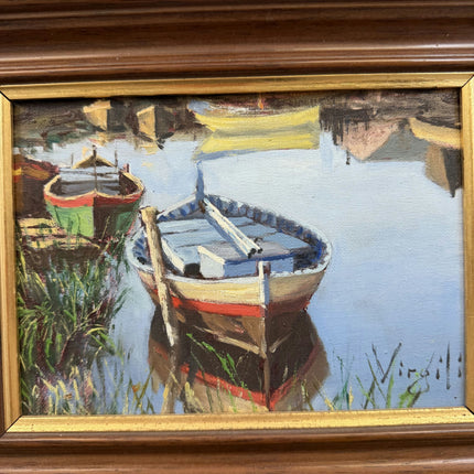 Elegant Harbor Scene Oil Painting "Two Boats" Traditional Small Art Holland Art Shop
