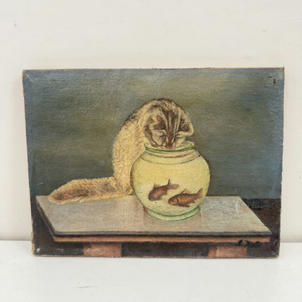 Authentic Animals Oil Painting "Cat Eating" Handcrafted Small Art Holland Art Shop