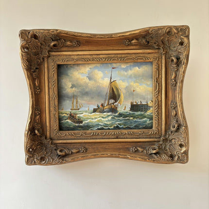 19th Century Antique Seascape Oil Painting "Sailing Boat" Small Artwork Holland Art Shop