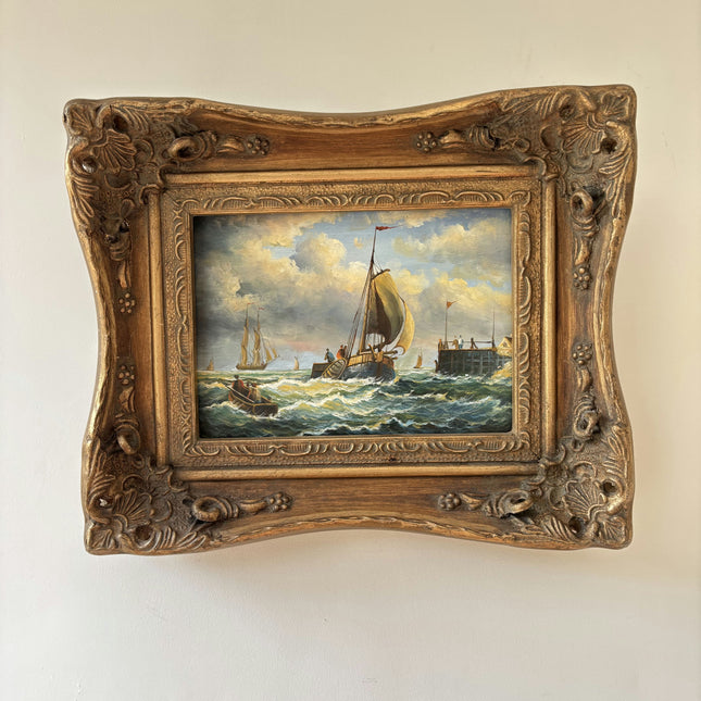 19th Century Antique Seascape Oil Painting "Sailing Boat" Small Artwork Holland Art Shop