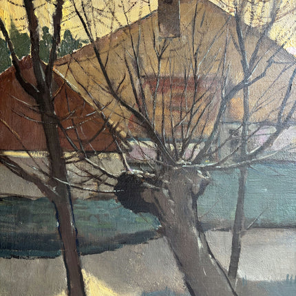 1942 Farm Oil Painting "Thatched Roof" Art Holland Art Shop