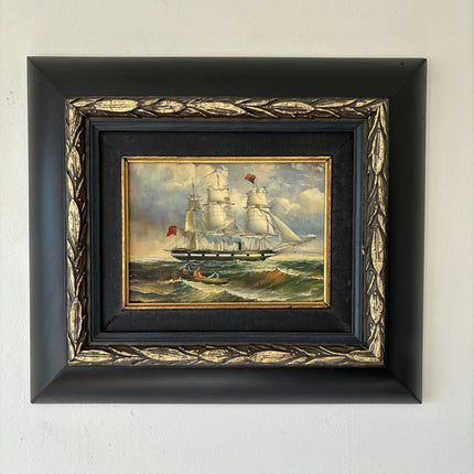 19th Century Antique Seascape Oil Painting "Green Ship" Small Art Holland Art Shop