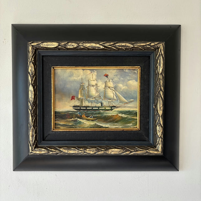 19th Century Antique Seascape Oil Painting "Green Ship" Small Art Holland Art Shop