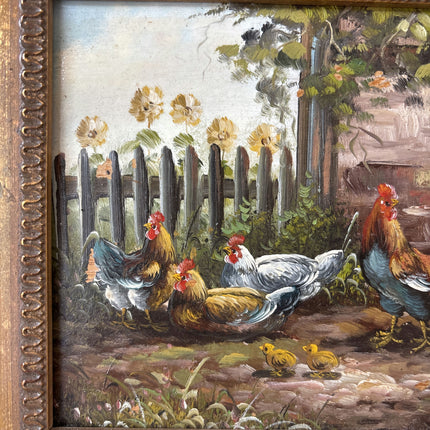 Antique Oil Painting Animals "Flock Of Chickens" Intriguing Small Art Holland Art Shop