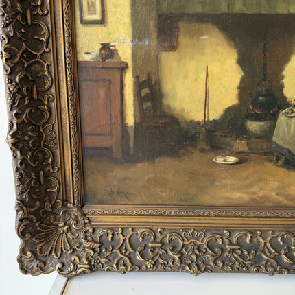 Remarkable Oil Painting Interior "Kitchen Waitress" Handcrafted Medium Artwork Holland Art Shop