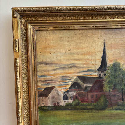 1914 Antique Landscape Oil Painting "Village Church" Art Holland Art Shop