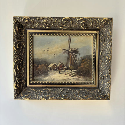 Refined Winter Landscape Oil Painting "Windmill Tower" Authentic Small Artwork Holland Art Shop