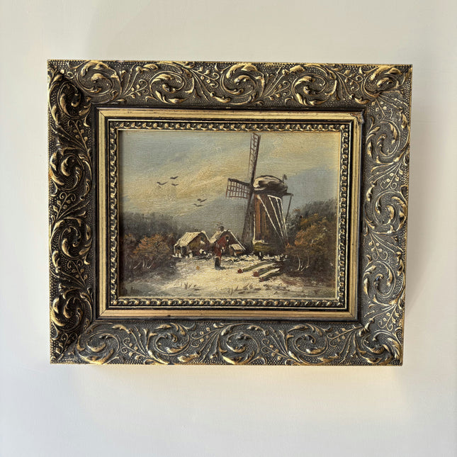 Refined Winter Landscape Oil Painting "Windmill Tower" Authentic Small Artwork Holland Art Shop
