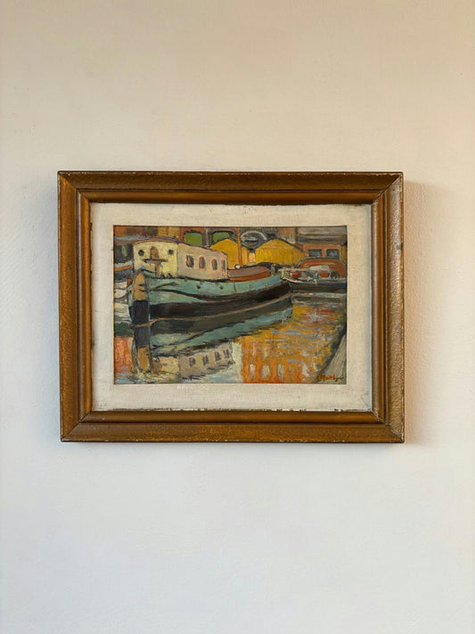 Authentic Oil Painting Harbor Scene "Colorful Boat" Fine Small Artwork