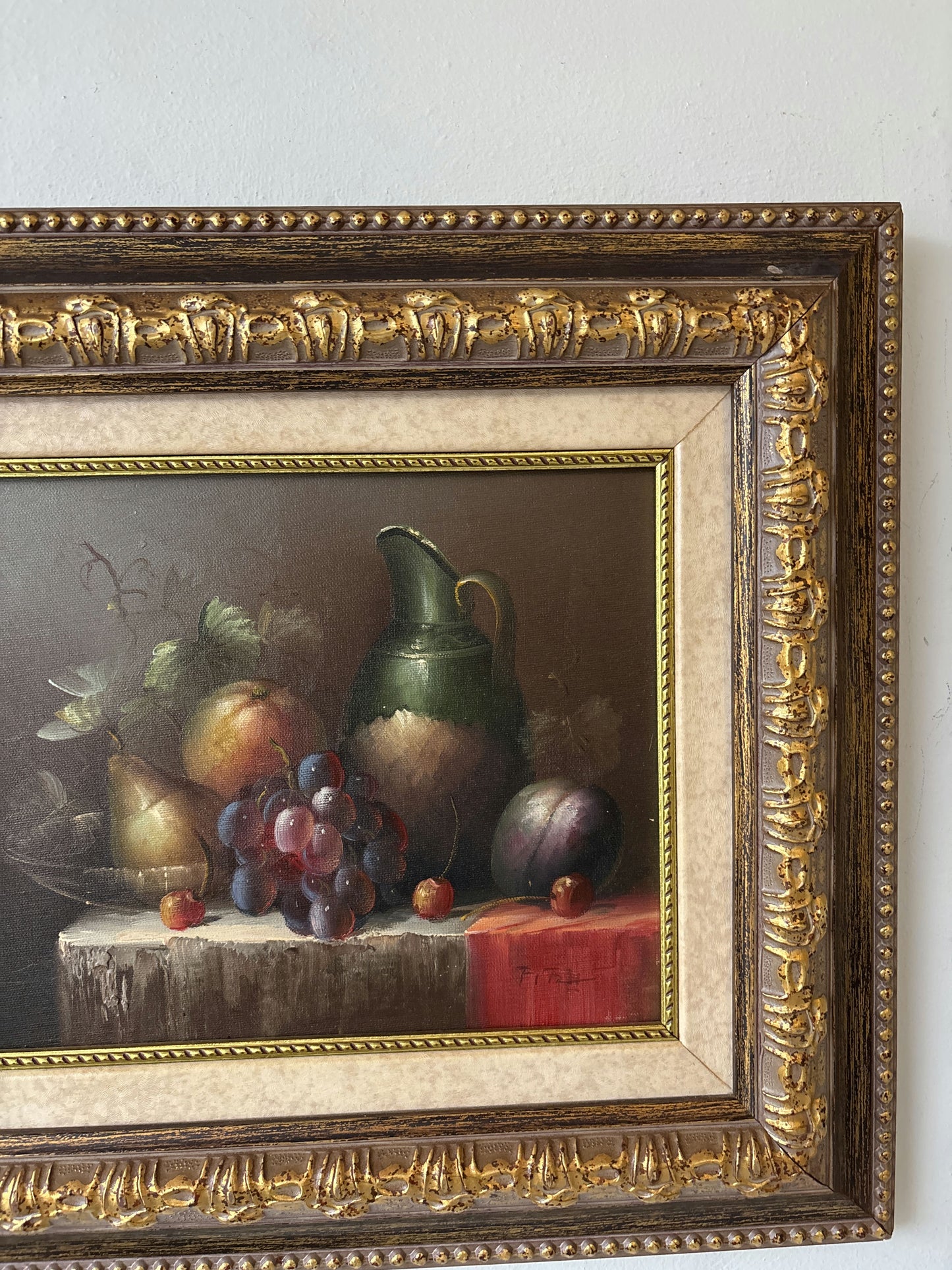 20th Century Vintage Pear Grapes Plum Jug Table Oil Painting Authentic