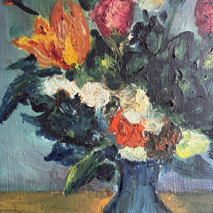 Vintage Floral Still Life Oil Painting "Blue Vase" Rustic Small Artwork Holland Art Shop