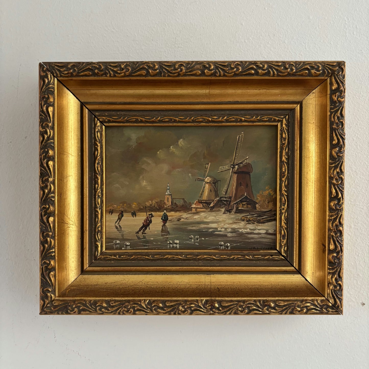 Figurative Oil Painting Winter Landscape "Ice Skaters Delight" Fine Small Art