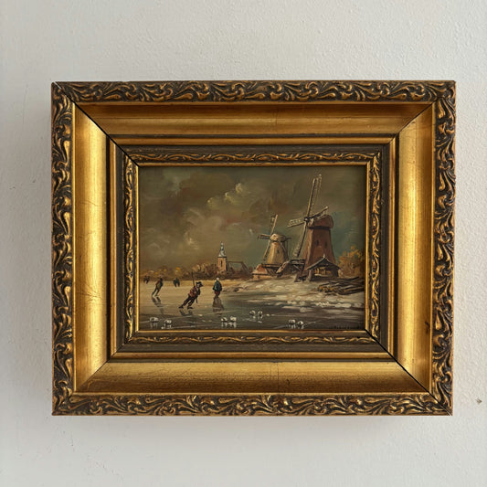 Figurative Oil Painting Winter Landscape "Ice Skaters Delight" Fine Small Art