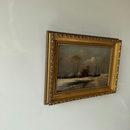 Rustic Winter Landscape Oil Painting "Sailing Boat" Timeless Small Art Holland Art Shop