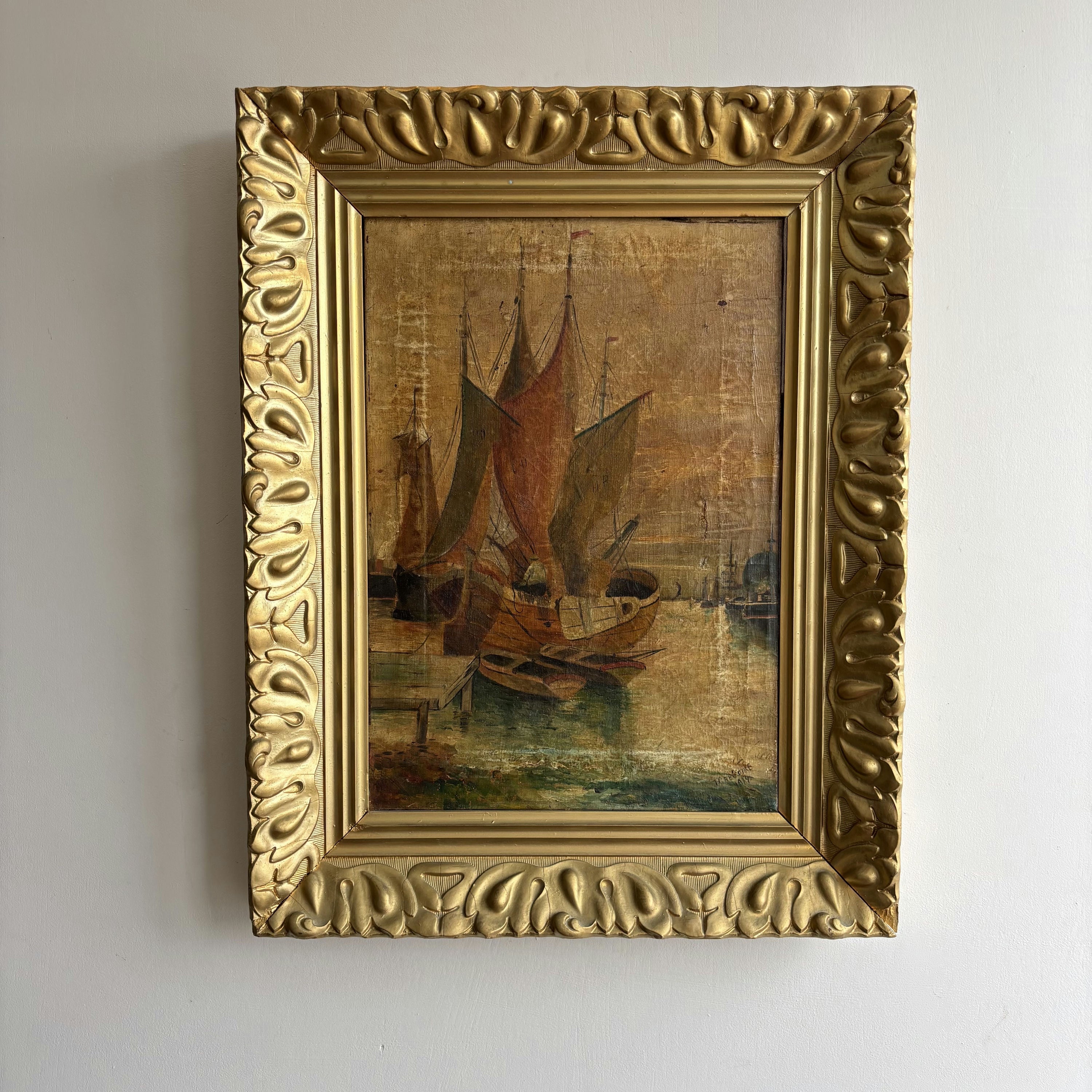 1914 Antique Harbor Scene Oil Painting 