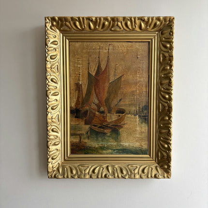 1914 Antique Harbor Scene Oil Painting "Sailing Boat" Art Holland Art Shop