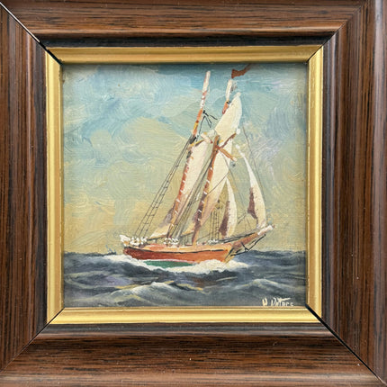 Vintage Seascape Oil Painting "Sailing Ship" Rustic Small Artwork Holland Art Shop