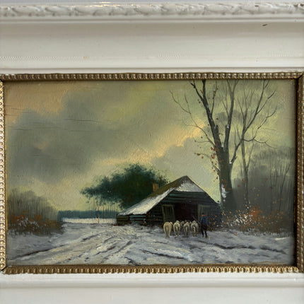 19th Century Antique Landscape Oil Painting "Snowy Cottage" Art Holland Art Shop