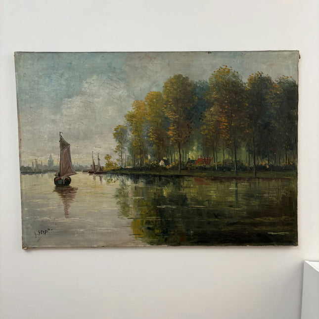 19th Century Antique Seascape Oil Painting "Sailing Boat" Large Art Holland Art Shop