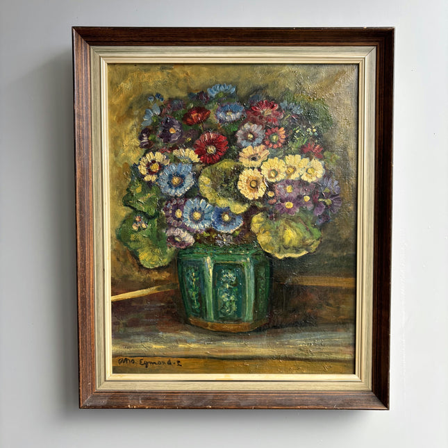Refined Floral Still Life Oil Painting "Green Vase" Rustic Art Holland Art Shop