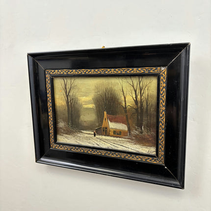 19th Century Antique Winter Landscape Oil Painting "Wooden Frame" Artwork Holland Art Shop