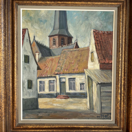 Original Cityscape Oil Painting "Village Church" Vintage Large Art Holland Art Shop