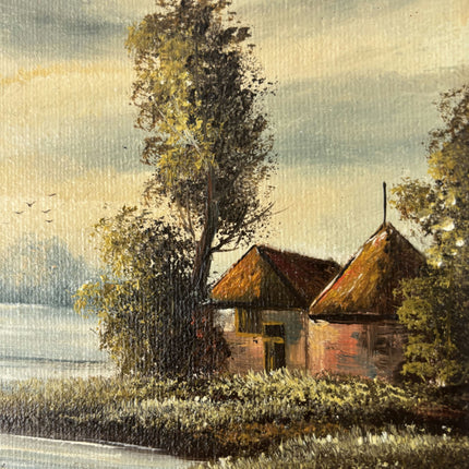 Rustic Landscape Oil Painting "Thatched Cottages" Handcrafted Small Artwork Holland Art Shop