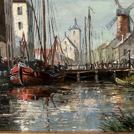 Original Harbor Scene Oil Painting "Harbor Village" Refined Small Art Holland Art Shop