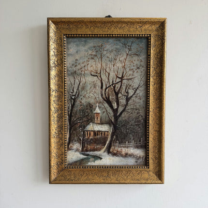 Timeless Winter Landscape Oil Painting "Snowy Church" Rustic Small Art Holland Art Shop