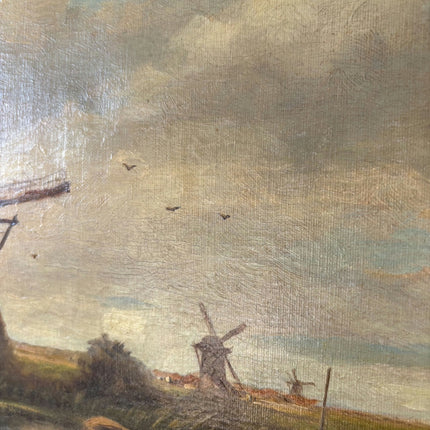 19th Century Antique Seascape Oil Painting "Windmill Tower" Dutch Artwork Holland Art Shop