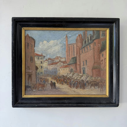 Rustic Cityscape Oil Painting "Market Crowd" Timeless Small Artwork Holland Art Shop