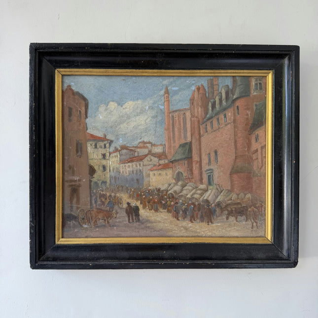 Rustic Cityscape Oil Painting "Market Crowd" Timeless Small Artwork Holland Art Shop