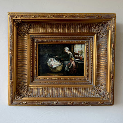 Classic Oil Painting Interior "Caring Grandmother" Vintage Small Art Holland Art Shop