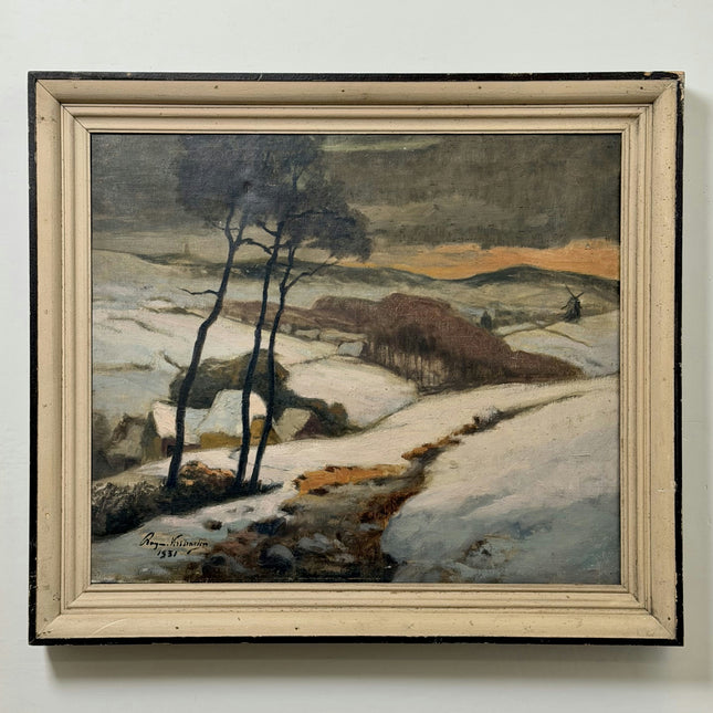 1931 Winter Landscape Oil Painting "Snowy Cottage" Large Artwork Holland Art Shop