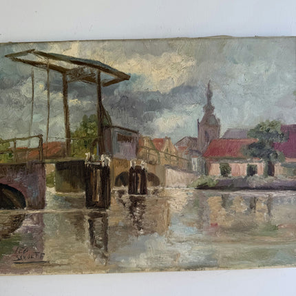 L Vintage Cityscape Oil Painting "River Bridge" Elegant Small Artwork Holland Art Shop