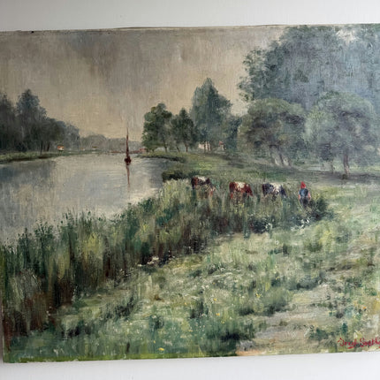 Original Landscape Oil Painting "Grazing Cows" Handcrafted Art Holland Art Shop
