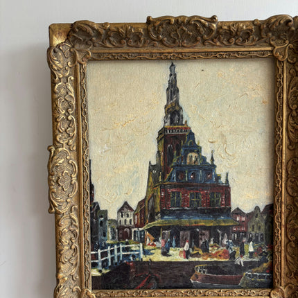 Handcrafted Harbor Scene Oil Painting "City Church" Elegant Small Artwork Holland Art Shop
