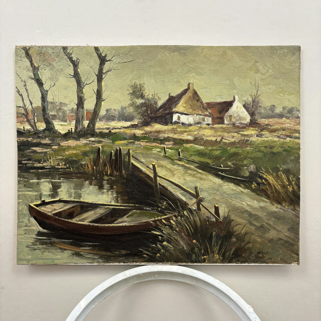 Traditional Harbor Scene Oil Painting "Wooden Boat" Original Artwork Holland Art Shop