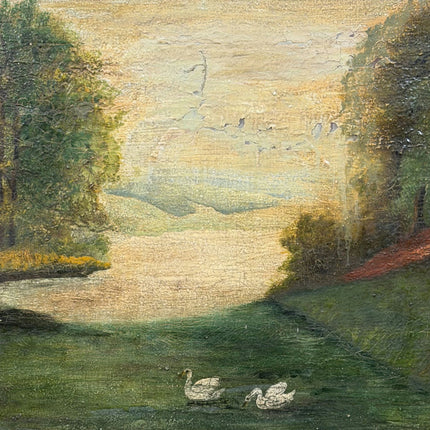 19th Century Antique Landscape Oil Painting "Pair Of Swans" Art Holland Art Shop