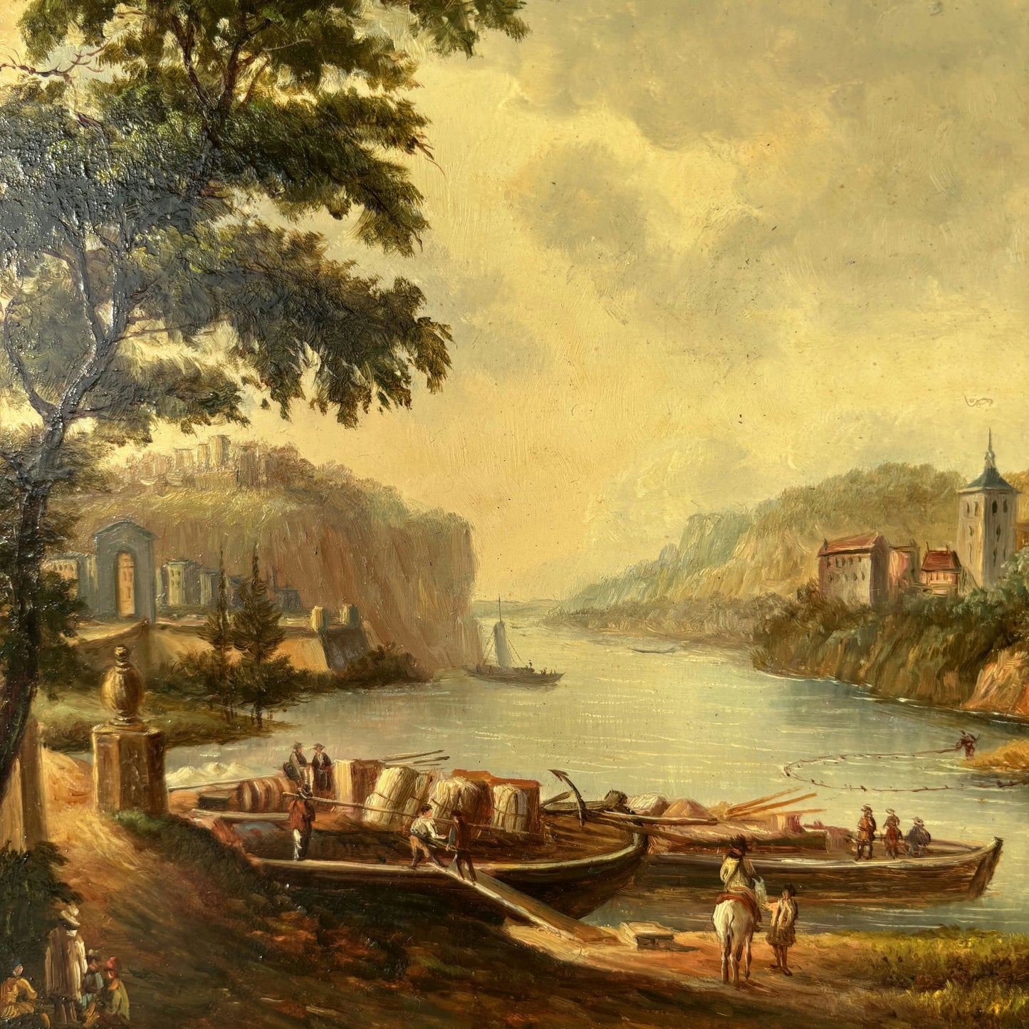 Marvelous Oil Painting Harbor Scene "Riverbank Scene" Expressive French Artwork