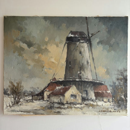 Expressive Winter Landscape Oil Painting "Windmill Tower" Refined Artwork Holland Art Shop