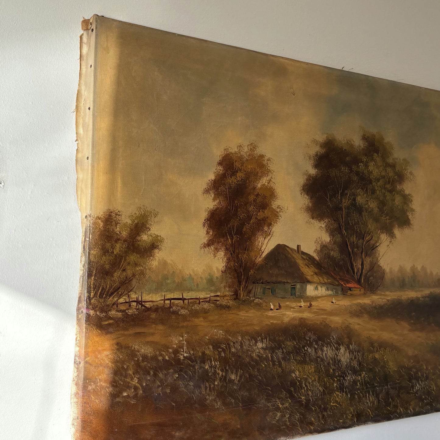 Antique Landscape Oil Painting "Thatched Cottage" Handcrafted Large Art