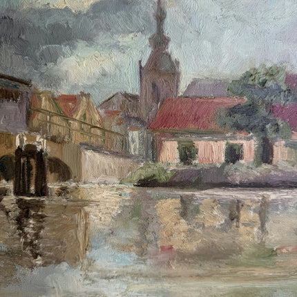 L Vintage Cityscape Oil Painting "River Bridge" Elegant Small Artwork Holland Art Shop