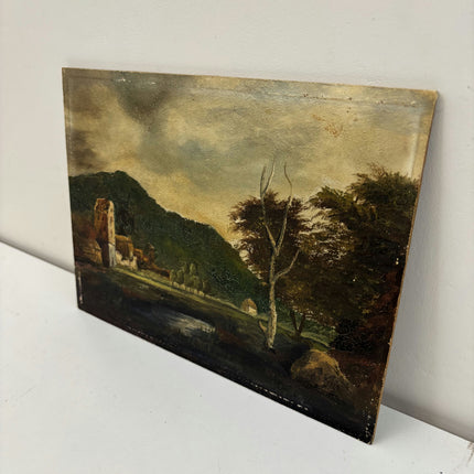 19th Century Antique Landscape Oil Painting "Lonely Tower" Small Art Holland Art Shop